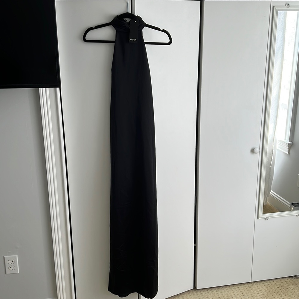 Black satin long dress with slit